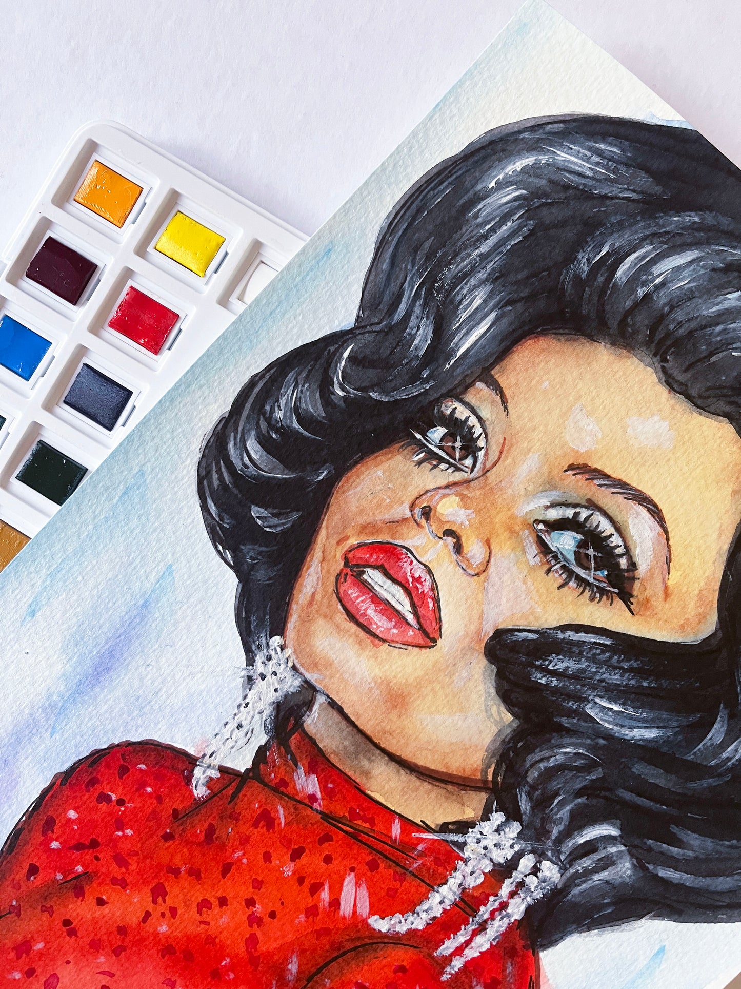 Diana Ross, Red dress, ORIGINAL Watercolor Painting, Artwork by Svetlana Pelin