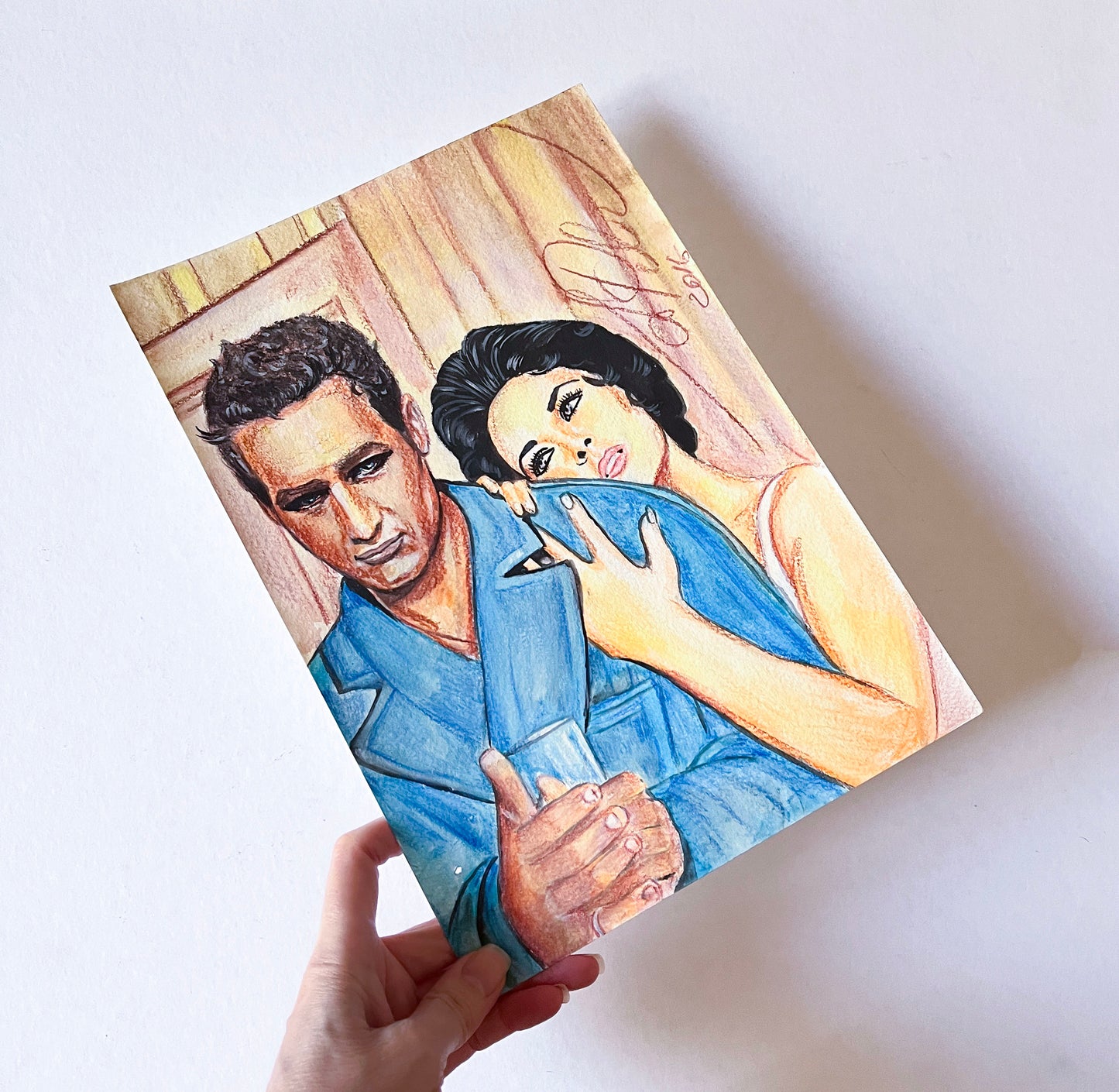 Elizabeth Taylor, Paul Newman, Cat on a Hot Tin Roof, ORIGINAL Watercolor pencils drawing, Artwork by Svetlana Pelin