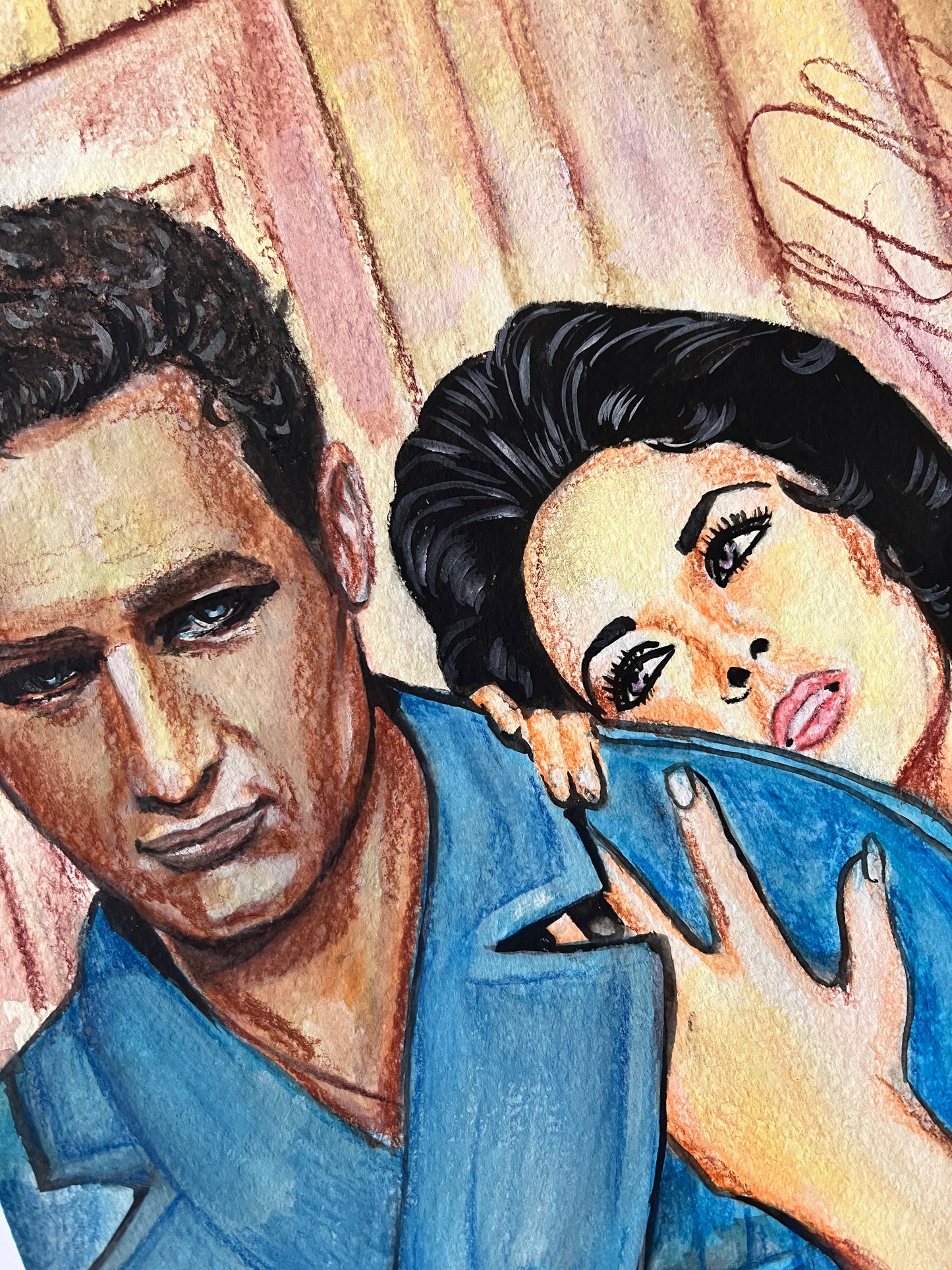 Elizabeth Taylor, Paul Newman, Cat on a Hot Tin Roof, ORIGINAL Watercolor pencils drawing, Artwork by Svetlana Pelin