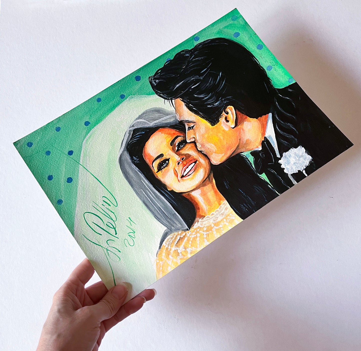 Elvis Presley & Priscilla, Wedding, ORIGINAL Gouache Painting, Artwork by Svetlana Pelin