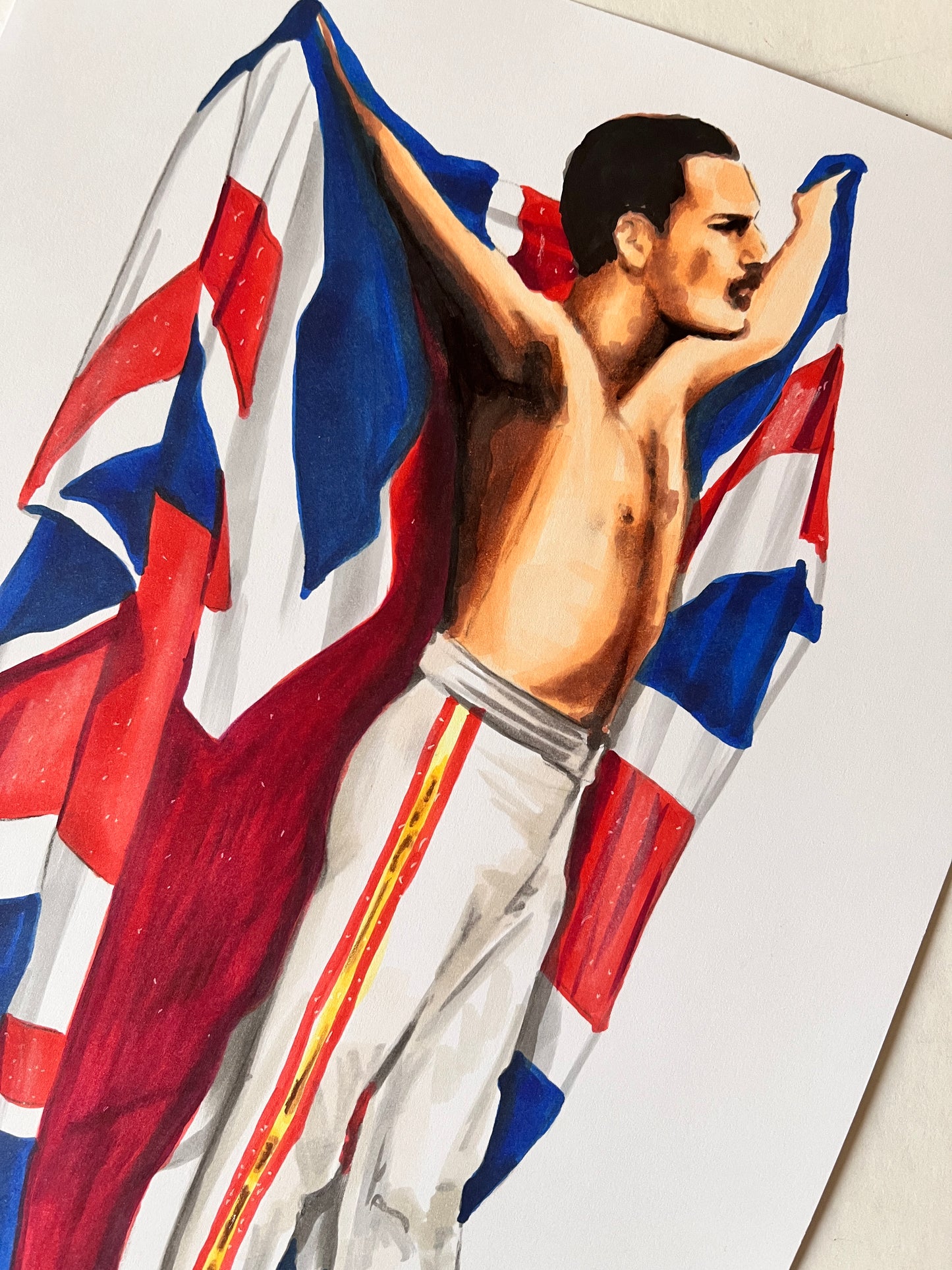 Freddie Mercury, British Flag, ORIGINAL Marker drawing, Artwork by Svetlana Pelin