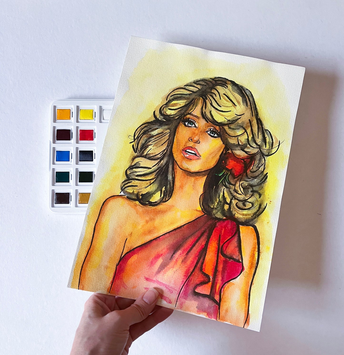 Farrah Fawcett, ORIGINAL Watercolor Painting, Artwork by Svetlana Pelin