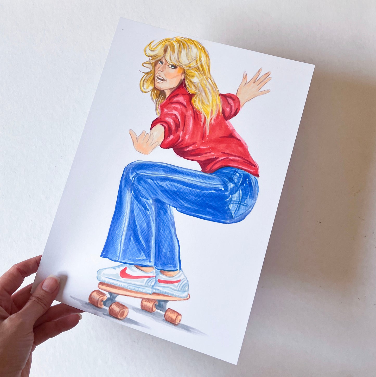 Farrah Fawcett, Skateboarding, ORIGINAL Marker drawing, Artwork by Svetlana Pelin