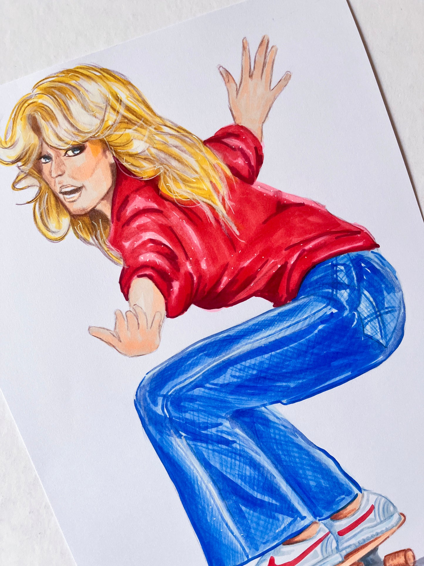 Farrah Fawcett, Skateboarding, ORIGINAL Marker drawing, Artwork by Svetlana Pelin