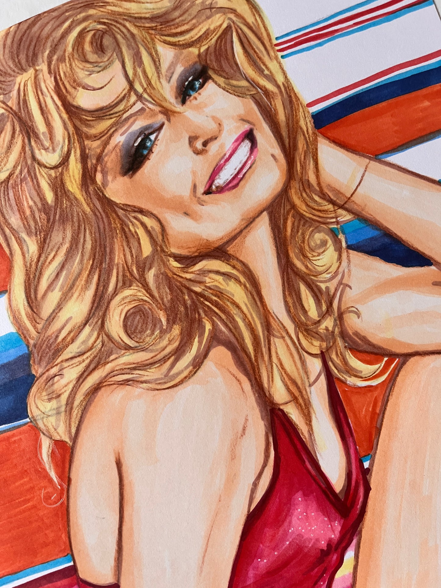 Farrah Fawcett, Red swimsuit, ORIGINAL Marker drawing, Artwork by Svetlana Pelin