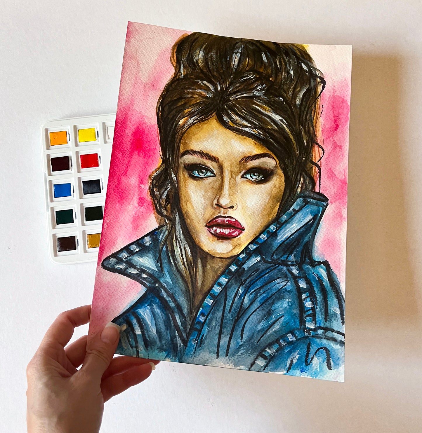 Gigi Hadid, Denim, ORIGINAL Watercolour Painting, Artwork by Svetlana Pelin