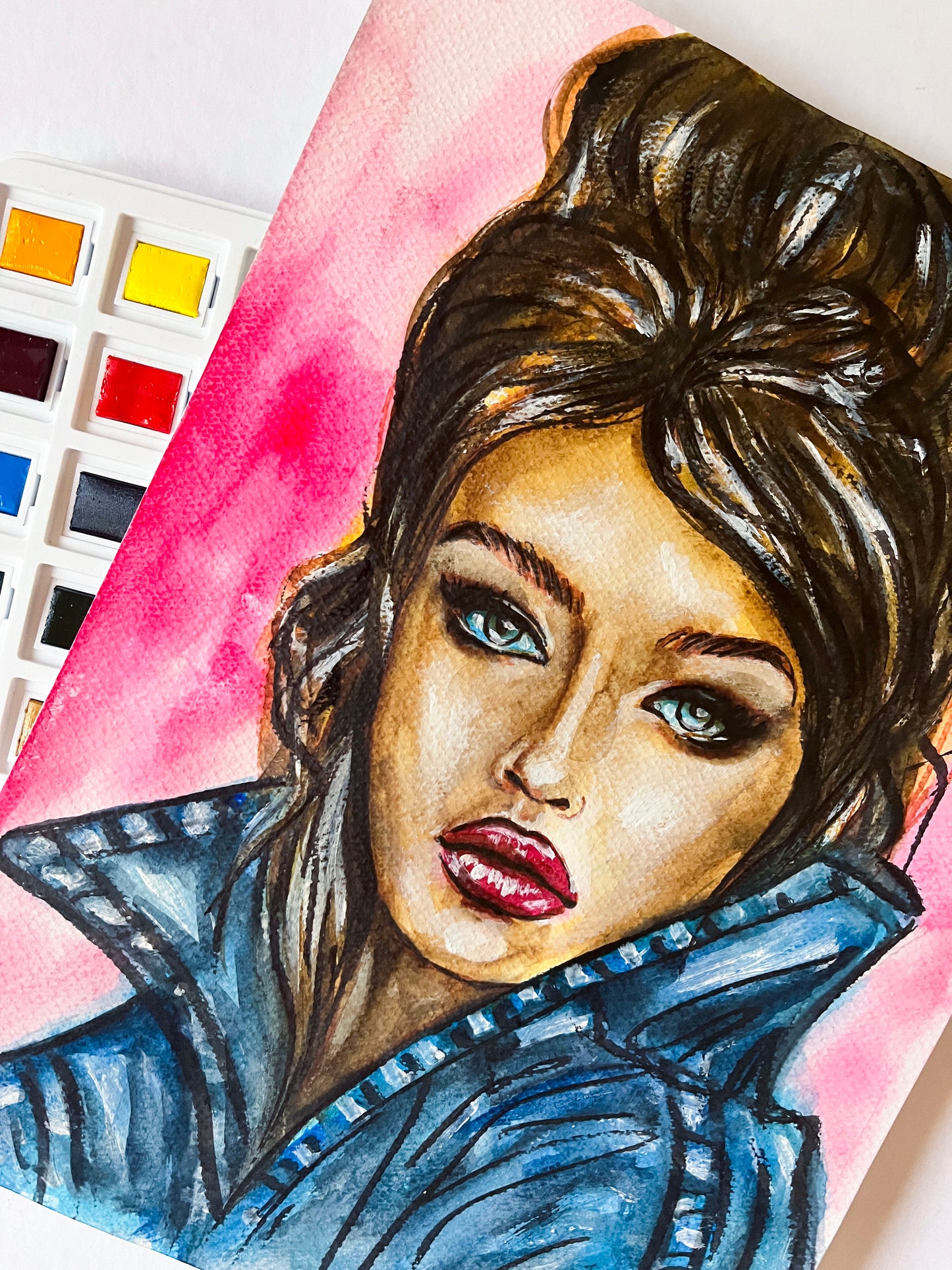 Gigi Hadid, Denim, ORIGINAL Watercolour Painting, Artwork by Svetlana Pelin