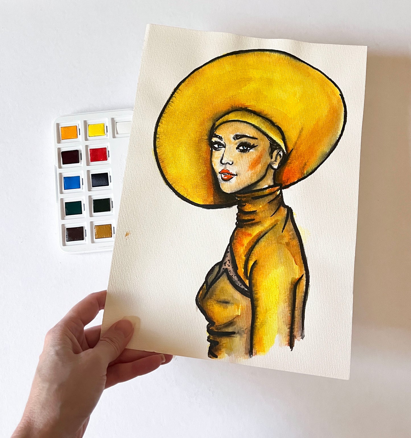 Gigi Hadid, Yellow Hat, ORIGINAL Watercolour Painting, Artwork by Svetlana Pelin