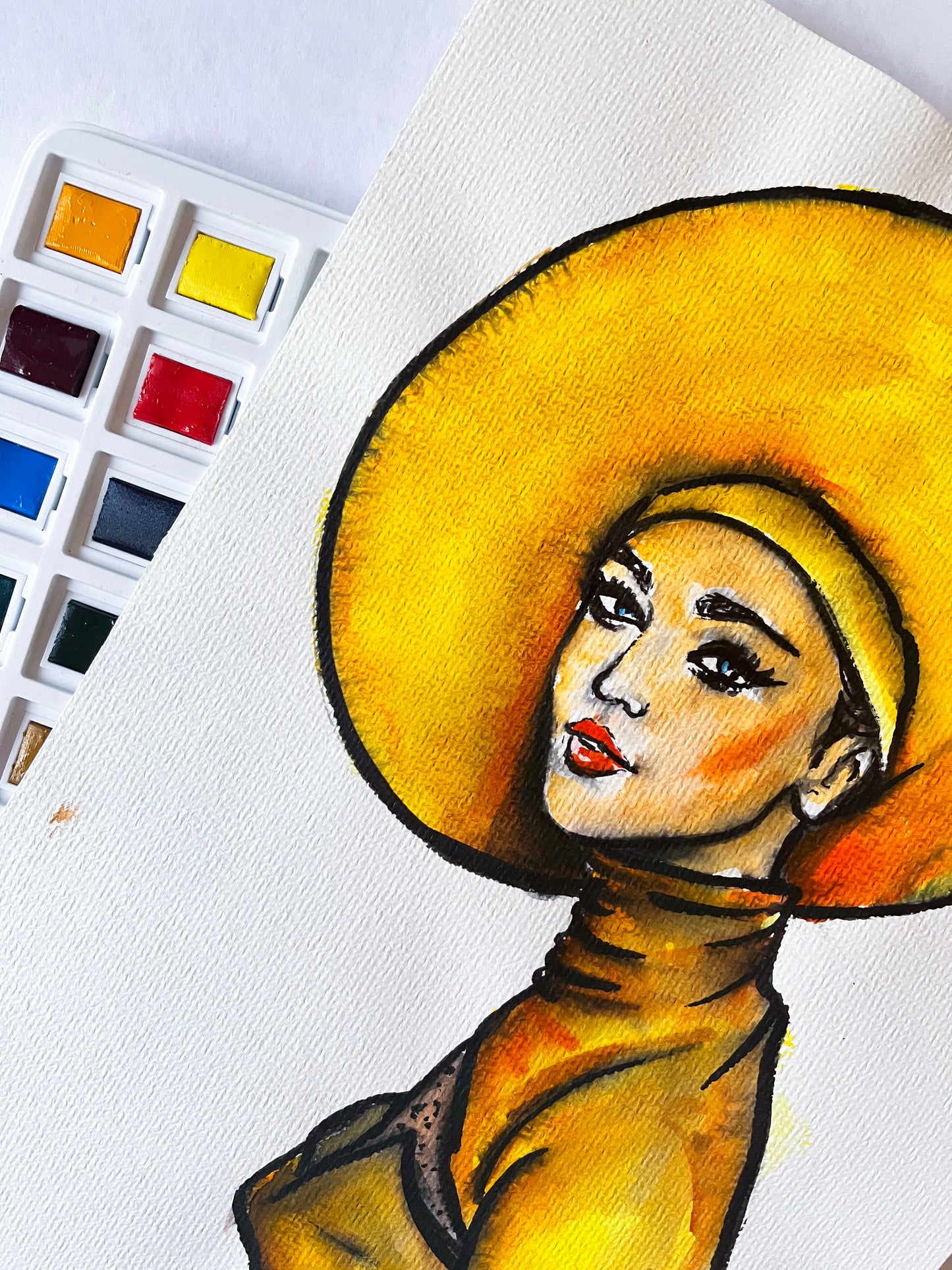 Gigi Hadid, Yellow Hat, ORIGINAL Watercolour Painting, Artwork by Svetlana Pelin