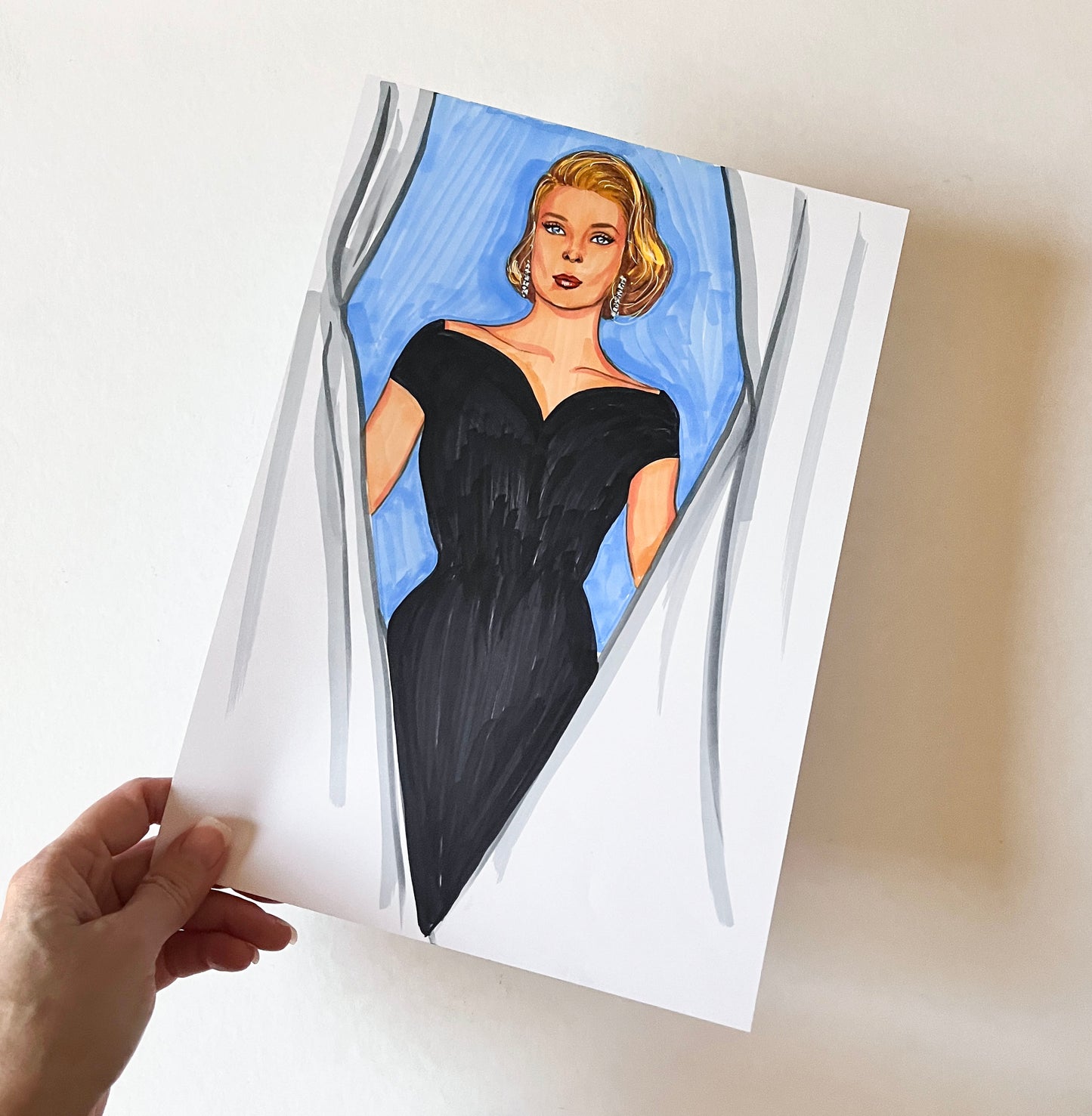 Grace Kelly, Rear Window, Curtains, ORIGINAL Marker drawing, Artwork by Svetlana Pelin