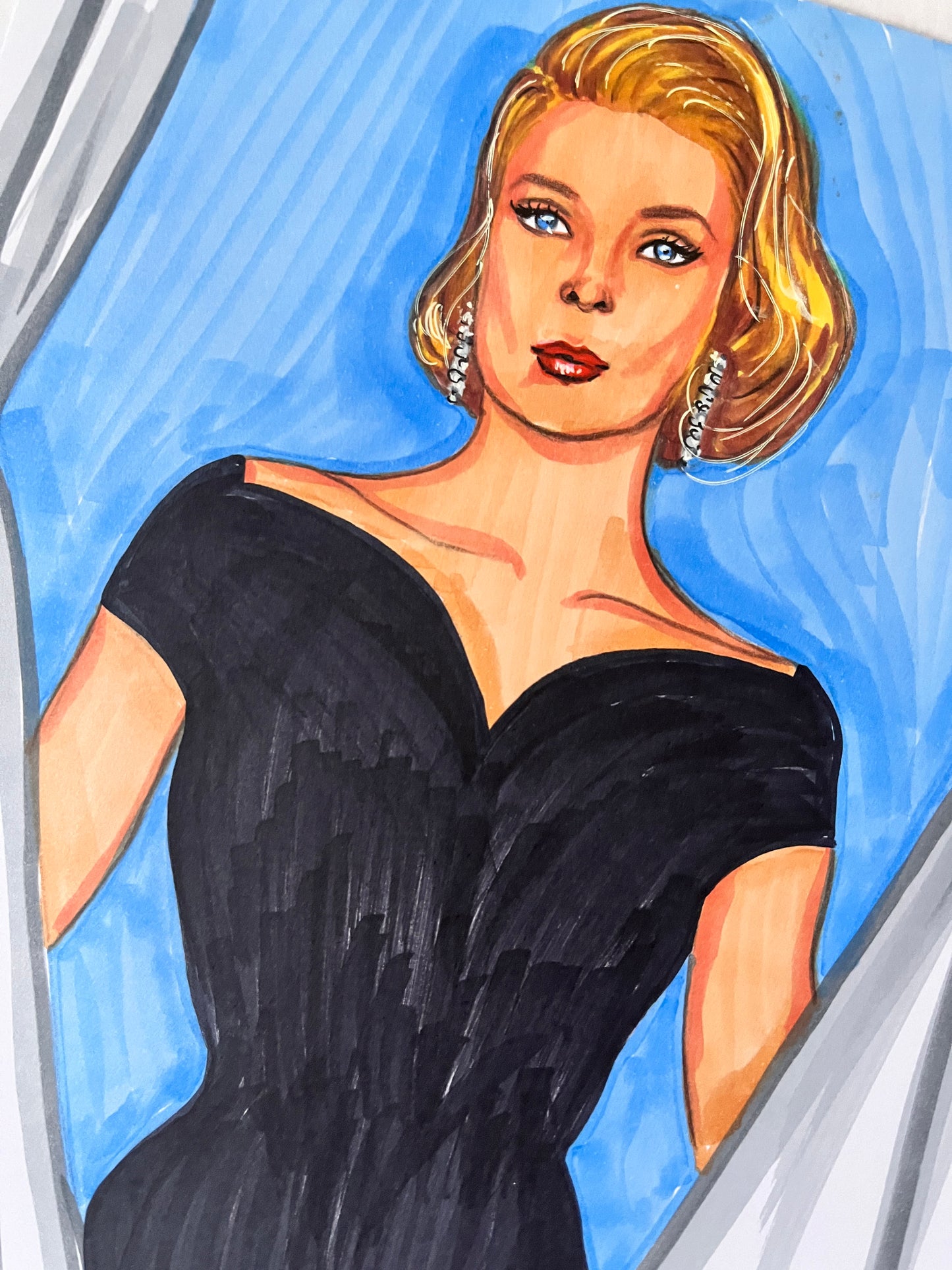 Grace Kelly, Rear Window, Curtains, ORIGINAL Marker drawing, Artwork by Svetlana Pelin