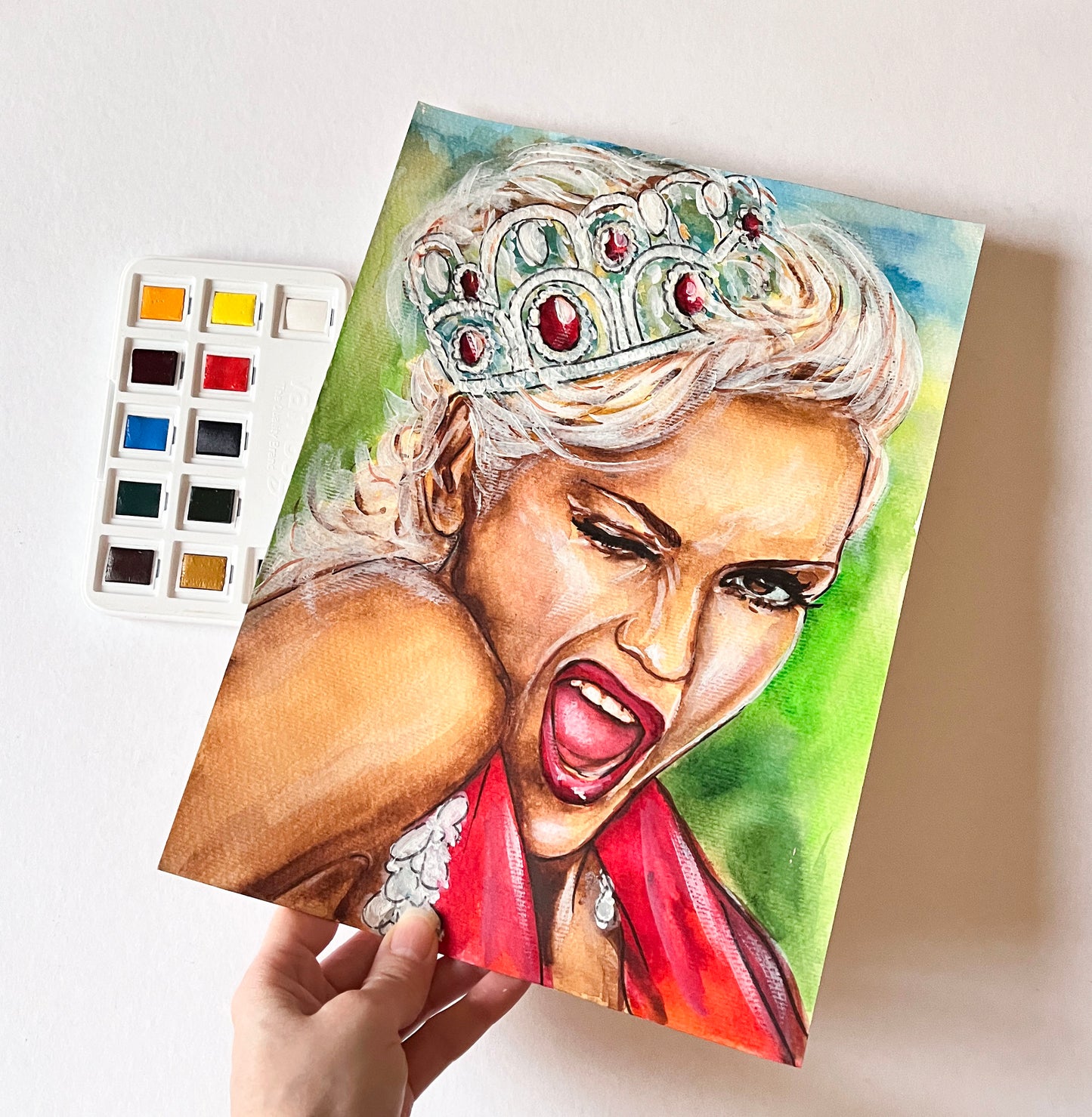 Gwen Stefani, Crown, ORIGINAL Watercolor Painting, Artwork by Svetlana Pelin