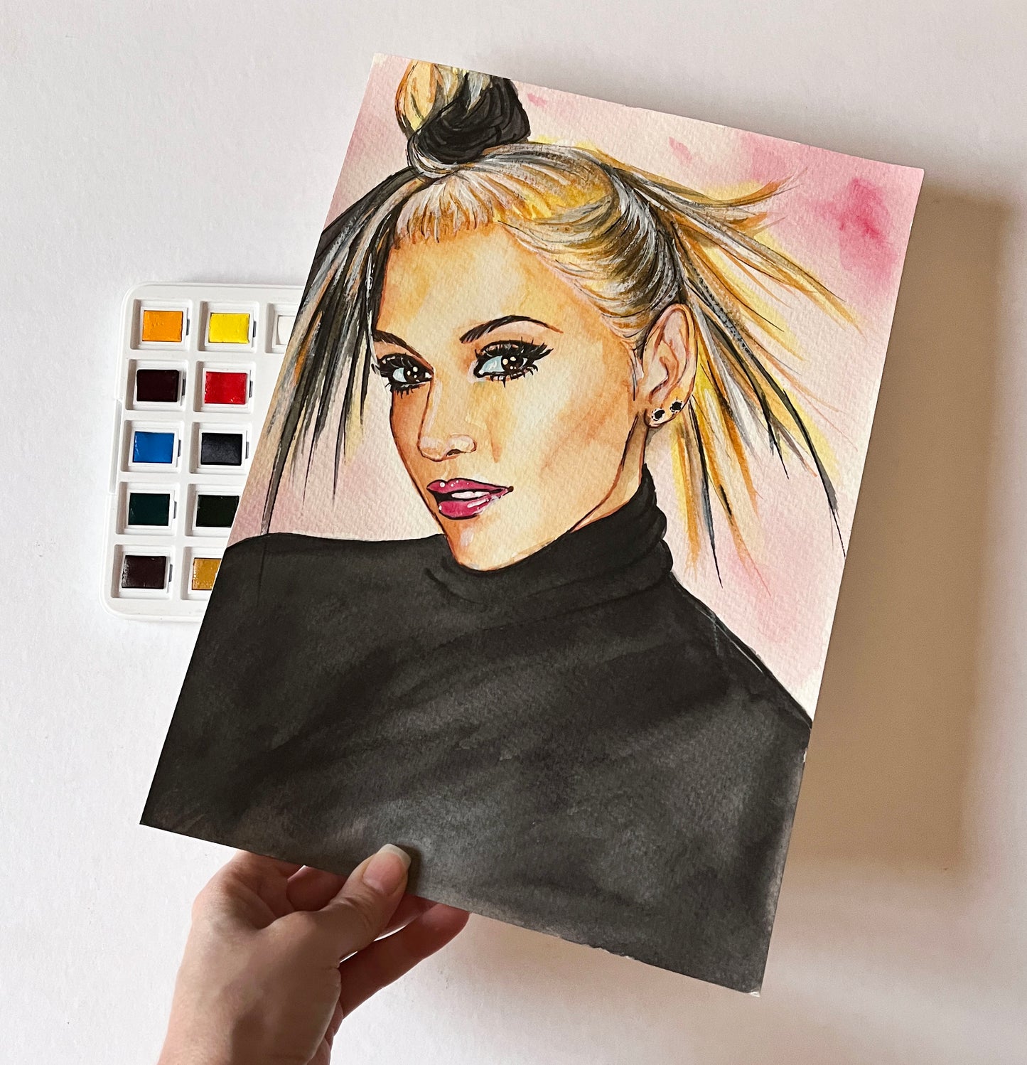 Gwen Stefani, Black turtleneck, ORIGINAL Watercolor Painting, Artwork by Svetlana Pelin