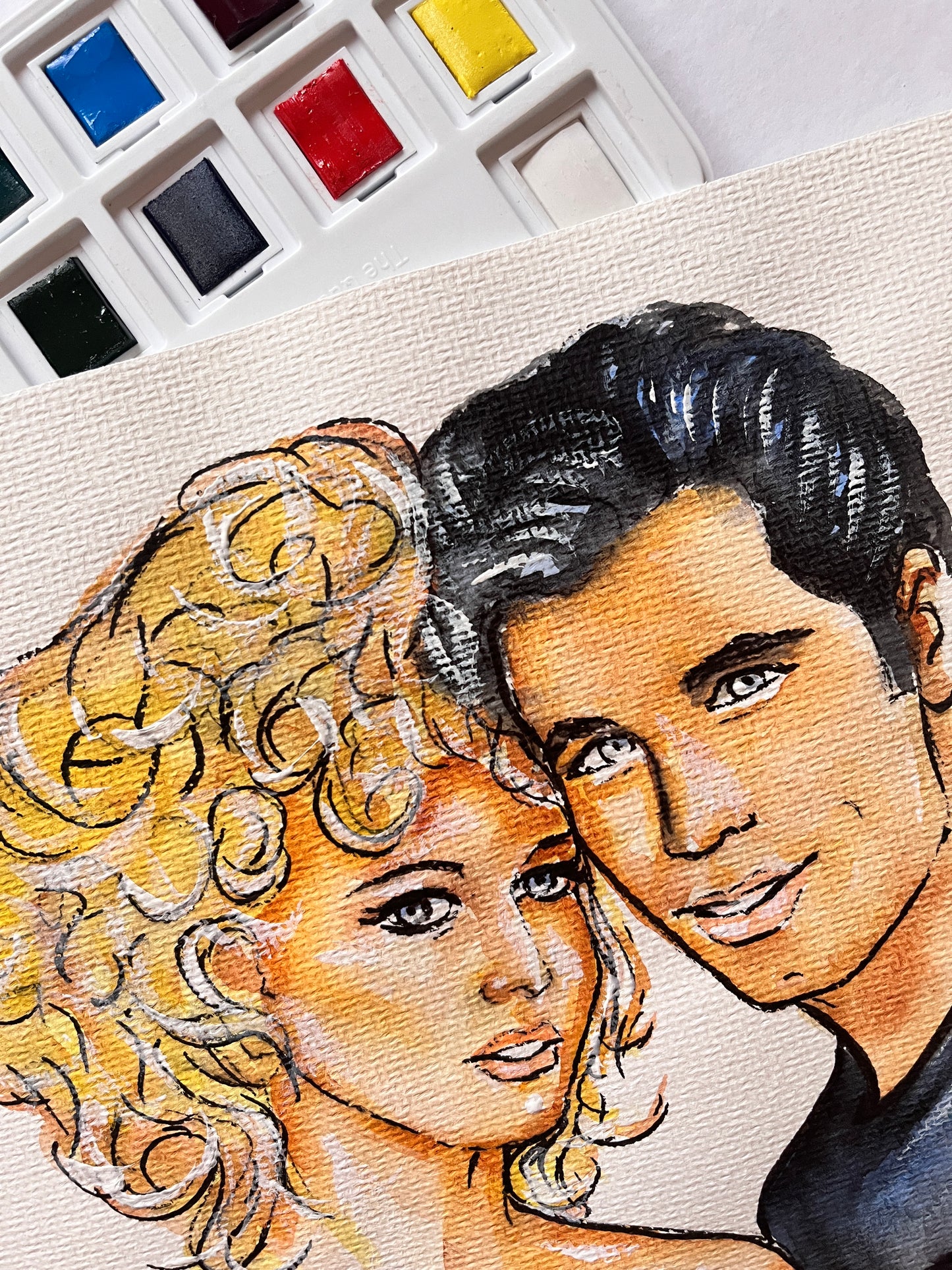 John Travolta, Olivia Newton-John, Grease, ORIGINAL Watercolor Painting, Artwork by Svetlana Pelin