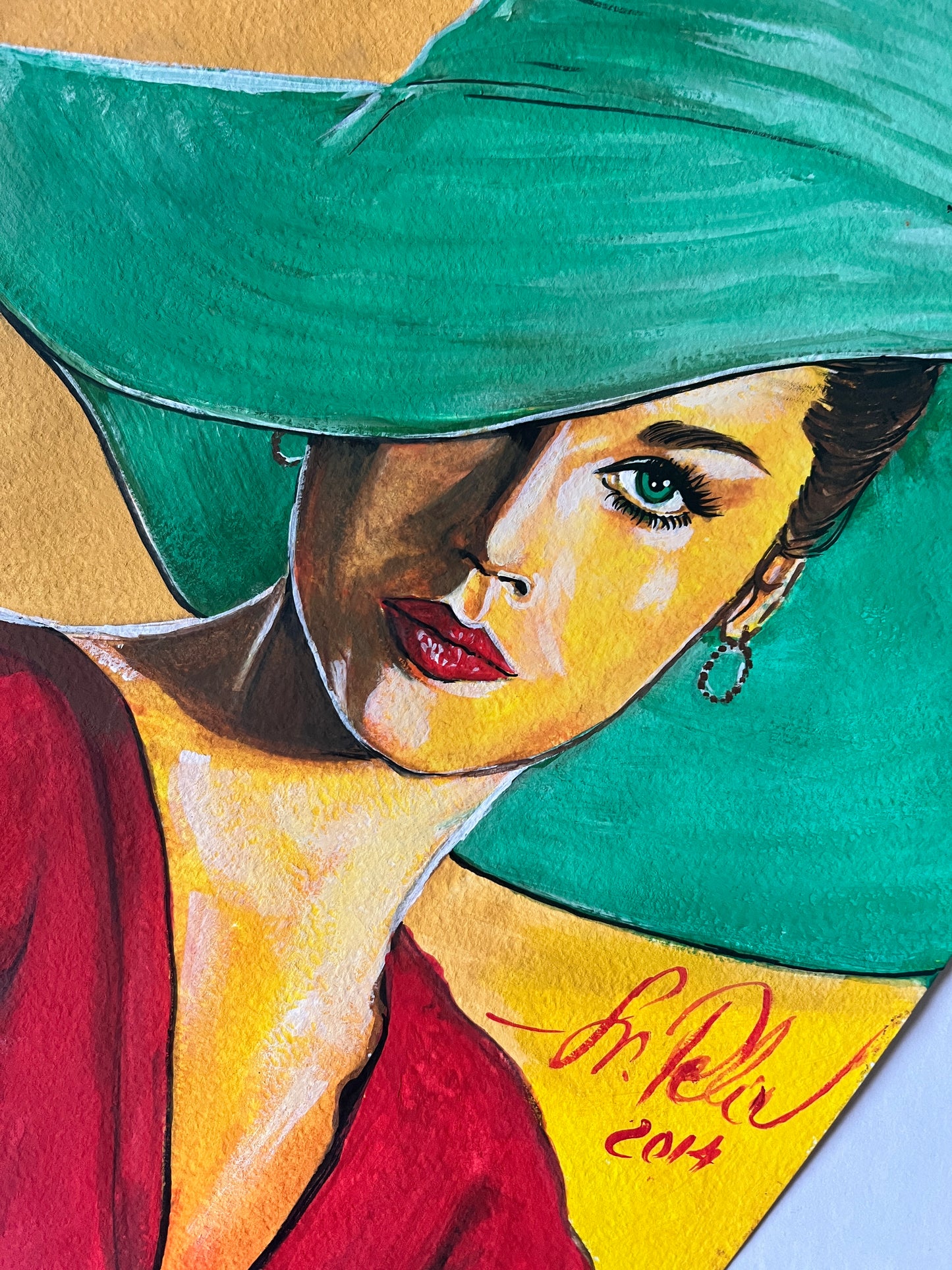 Jane Fonda, Hat, ORIGINAL Gouache painting, Artwork by Svetlana Pelin