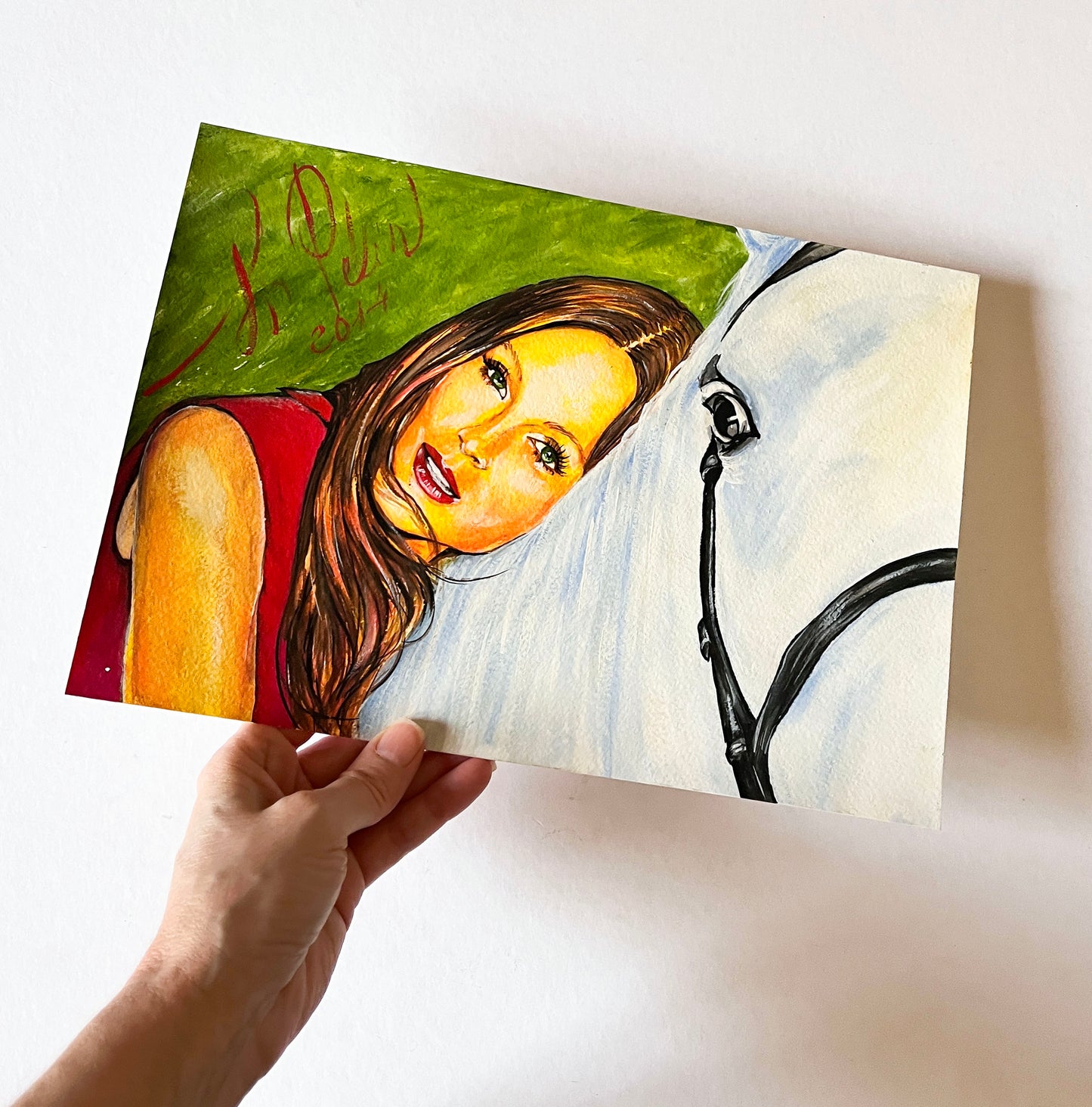 Julianne Moore, White Horse, ORIGINAL Gouache painting, Artwork by Svetlana Pelin