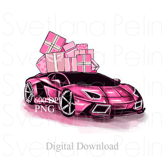 Pink Luxury Car, Digital STICKER, PNG, INSTANT Download