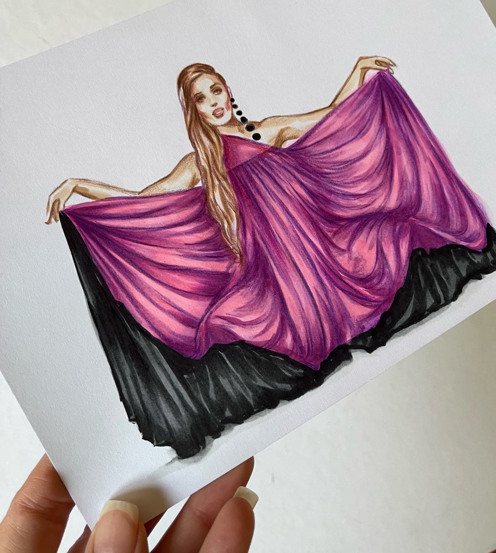 Sharon Tate, Pink Dress, ORIGINAL Marker Drawing, Artwork by Svetlana Pelin