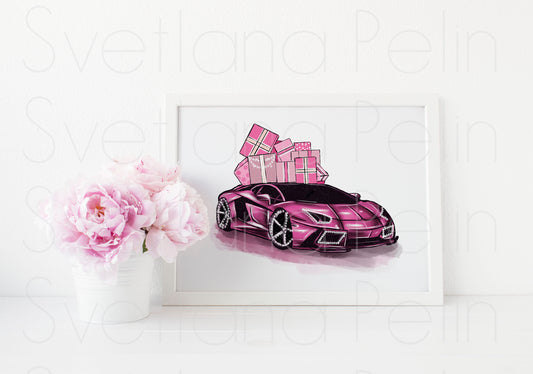 Christmas, Pink Luxury Car, ART PRINT Signed by Artist