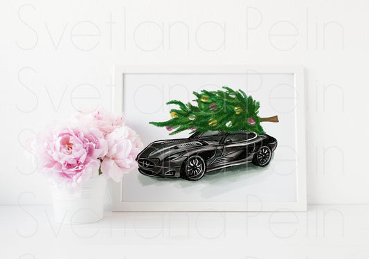 Christmas Tree, Luxury Car, ART PRINT Signed by Artist