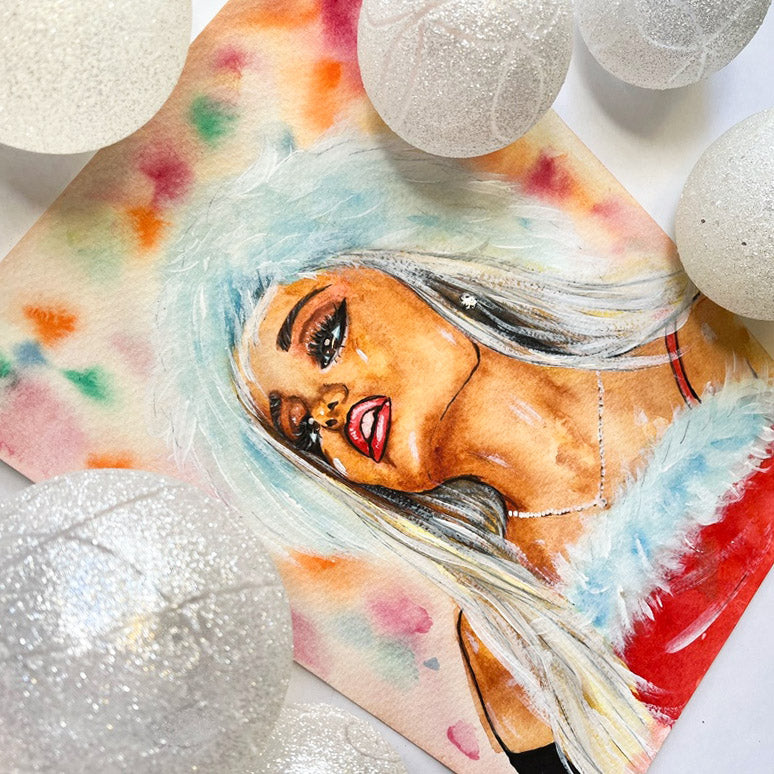 Ariana Grande, AG, Santa Baby, ORIGINAL Watercolor Painting, Artwork by Svetlana Pelin