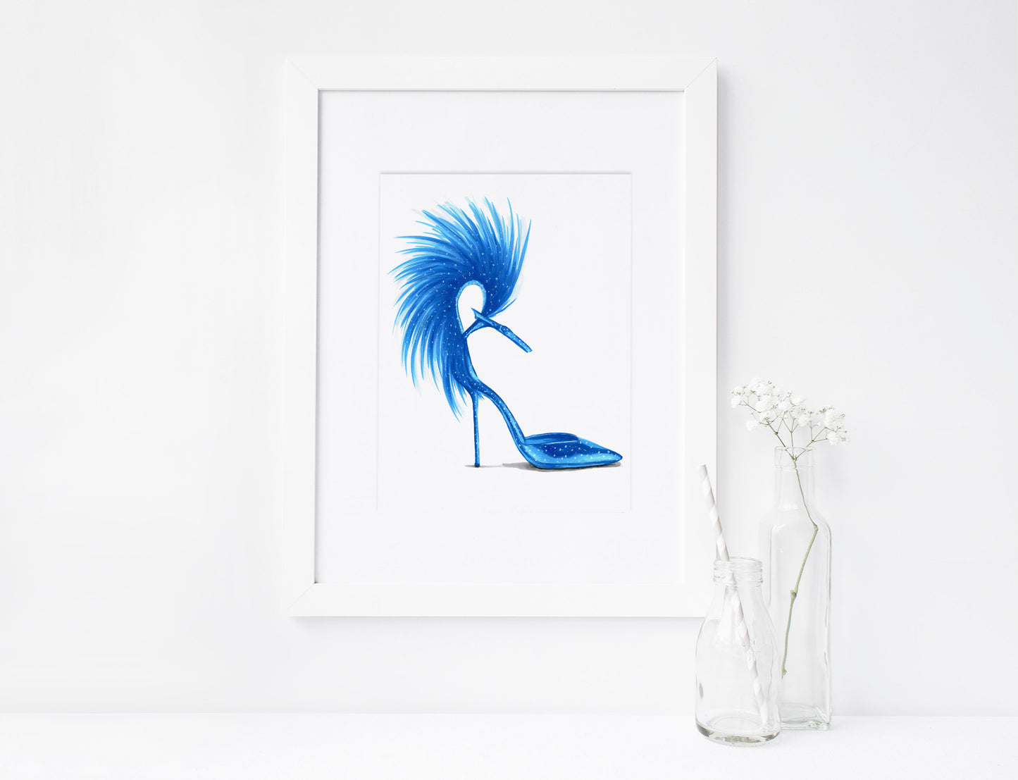 Blue Fluffy Marabou Feather, Women's Shoes, High-heel Sandals, Marker Illustration, Printable Art, INSTANT DOWNLOAD