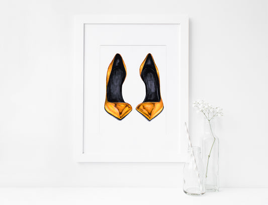 Gold Leather Pumps, Women's Shoes, Stilettos, Marker Illustration, Printable Art, INSTANT DOWNLOAD