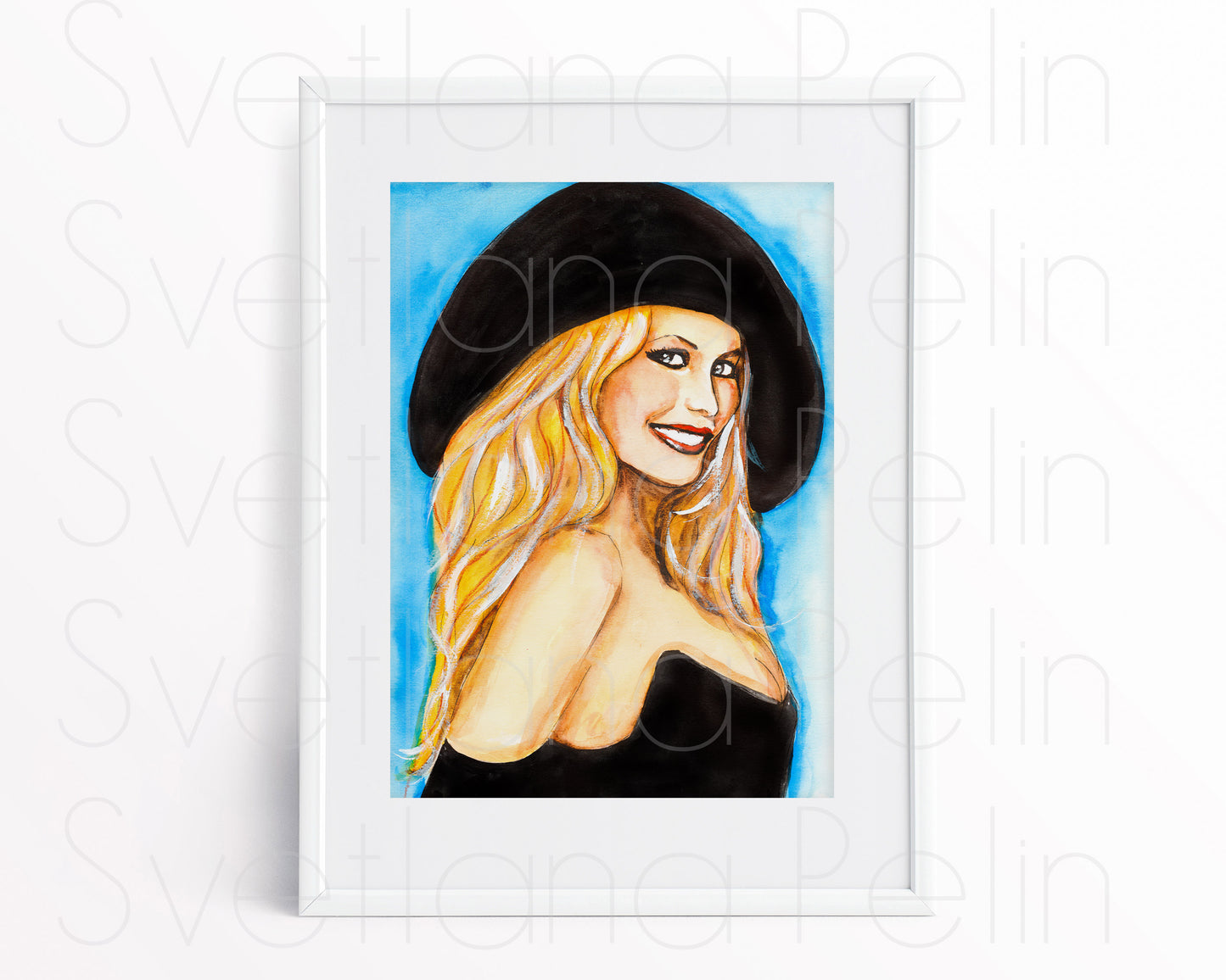 Claudia Schiffer, Black hat, ORIGINAL Watercolor Painting, Artwork by Svetlana Pelin