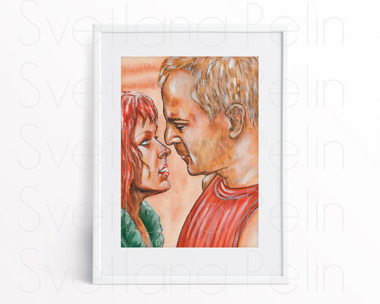 Milla Jovovich, Bruce Willis, Korben Dallas, Leeloo, The Fifth Element, ORIGINAL Watercolor Painting, Artwork by Svetlana Pelin