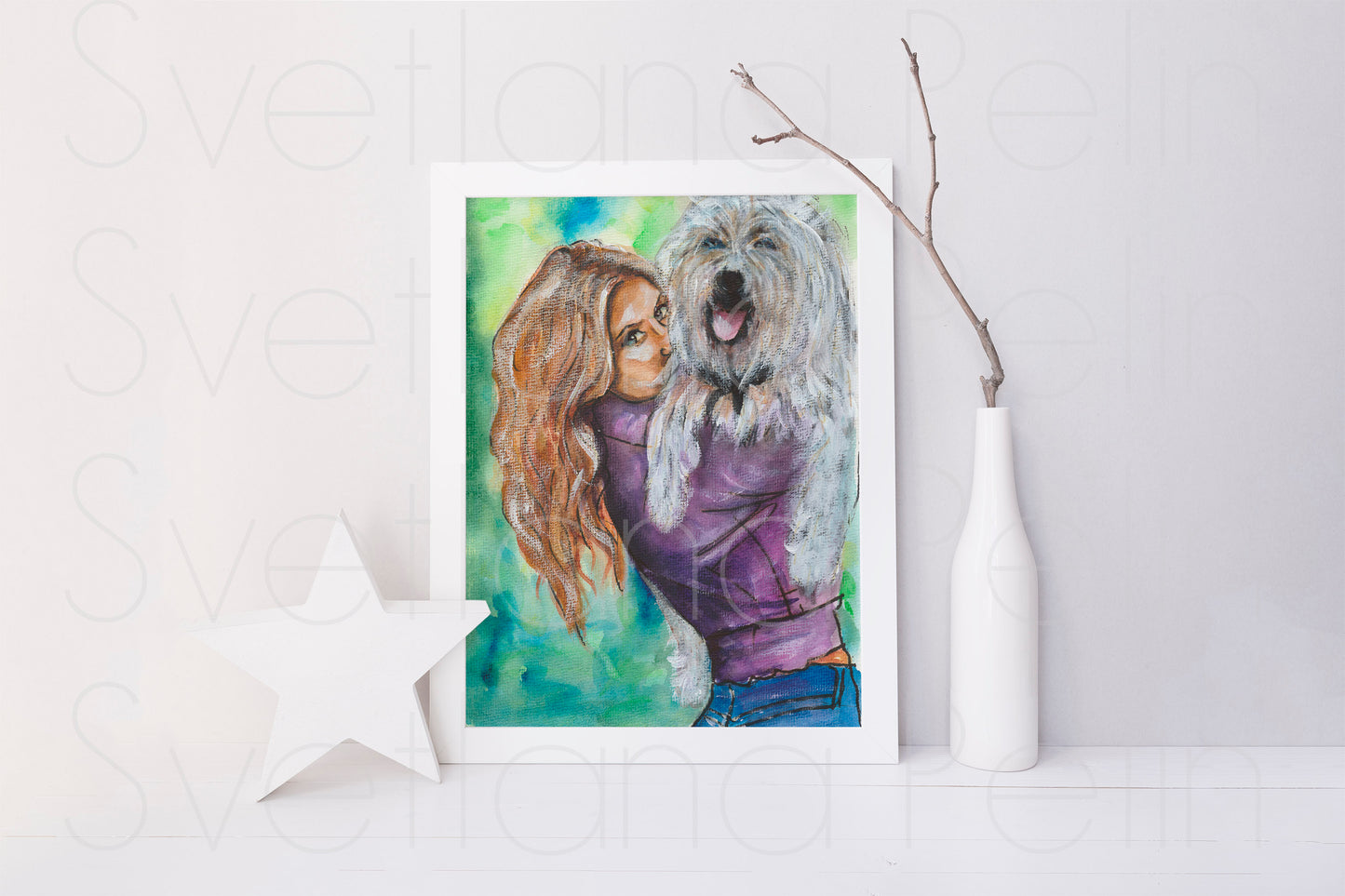 Jennifer Aniston with Dog, ORIGINAL Watercolor Painting, Artwork by Svetlana Pelin
