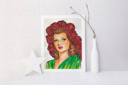 Rita Hayworth, ORIGINAL Watercolor Painting, Artwork by Svetlana Pelin