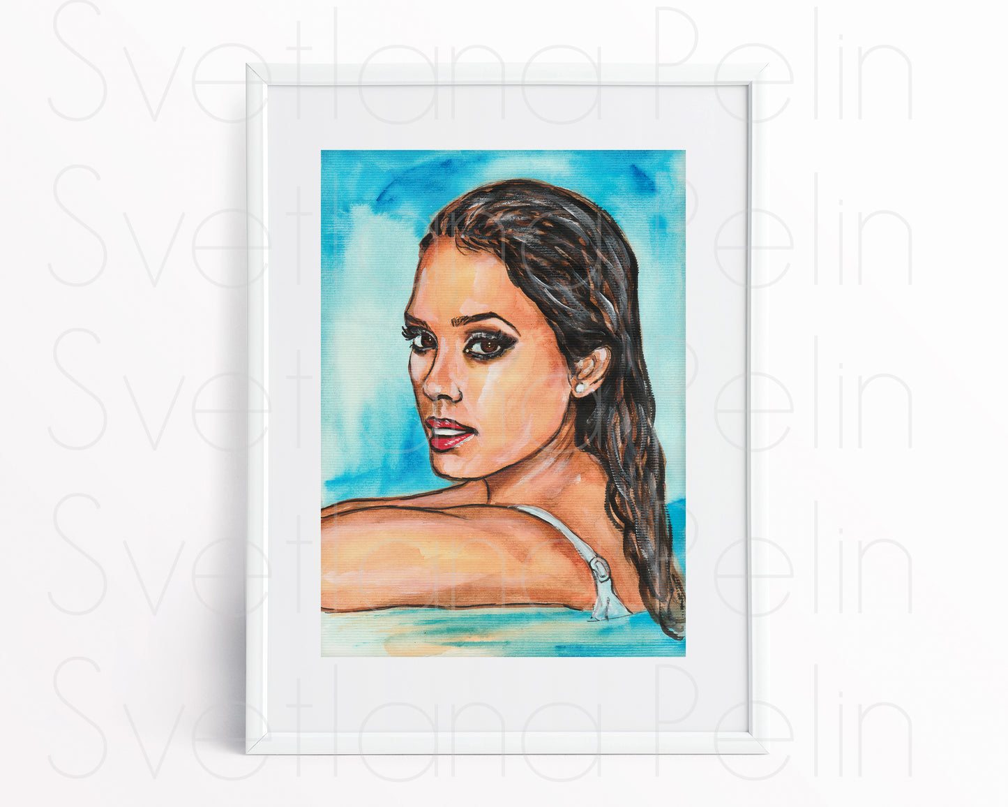 Jessica Alba, Pool, ORIGINAL Watercolor Painting, Artwork by Svetlana Pelin