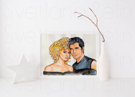 John Travolta, Olivia Newton-John, Grease, ORIGINAL Watercolor Painting, Artwork by Svetlana Pelin