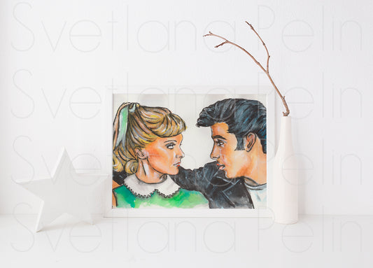 John Travolta, Olivia Newton-John, Grease, ORIGINAL Watercolor Painting, Artwork by Svetlana Pelin