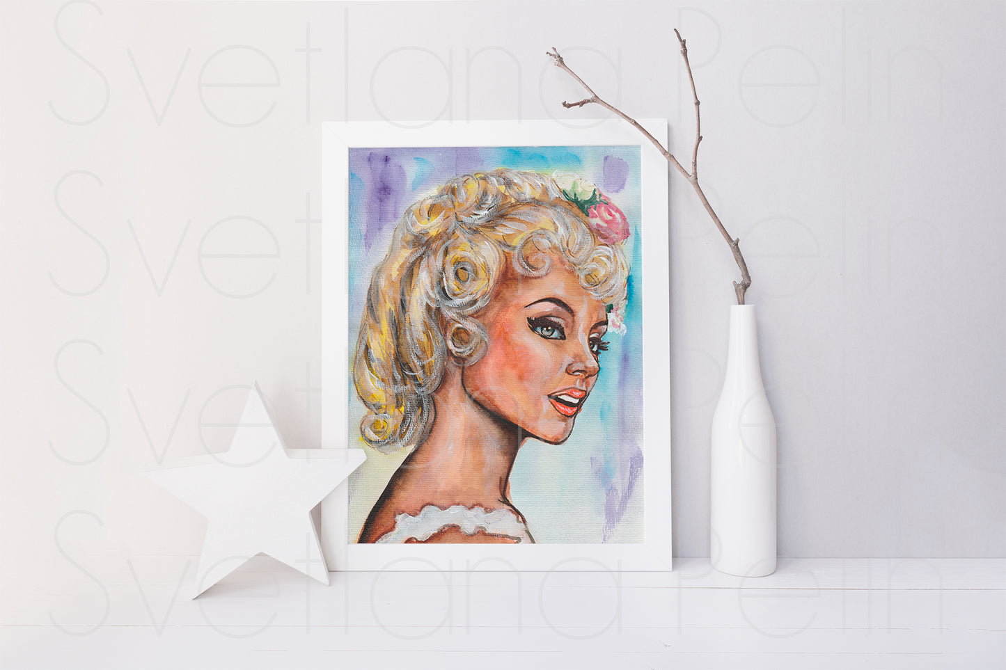 Michèle Mercier, Angélique, Marquise des Anges, ORIGINAL Watercolor Painting, Artwork by Svetlana Pelin