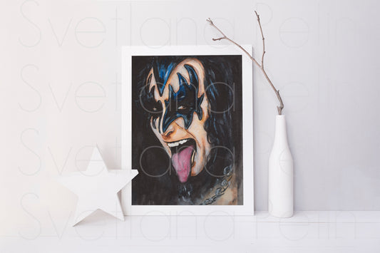 Gene Simmons, GS, Kiss, ORIGINAL Watercolor Painting, Artwork by Svetlana Pelin