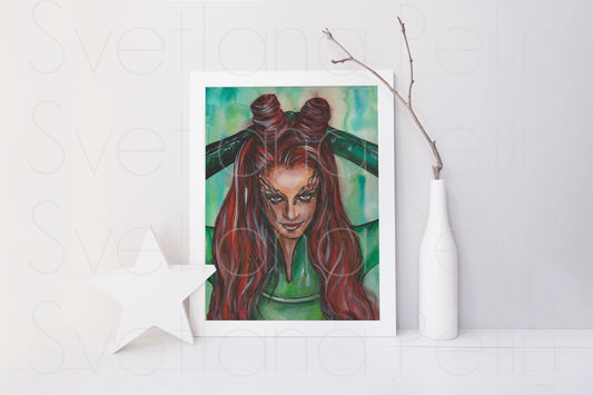 Uma Thurman, UT, Poison Ivy, ORIGINAL Watercolor Painting, Artwork by Svetlana Pelin