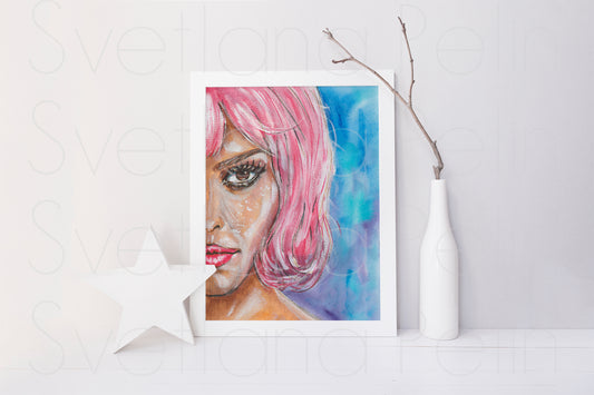 Natalie Portman, Closer, Pink hair, ORIGINAL Watercolor Painting, Artwork by Svetlana Pelin