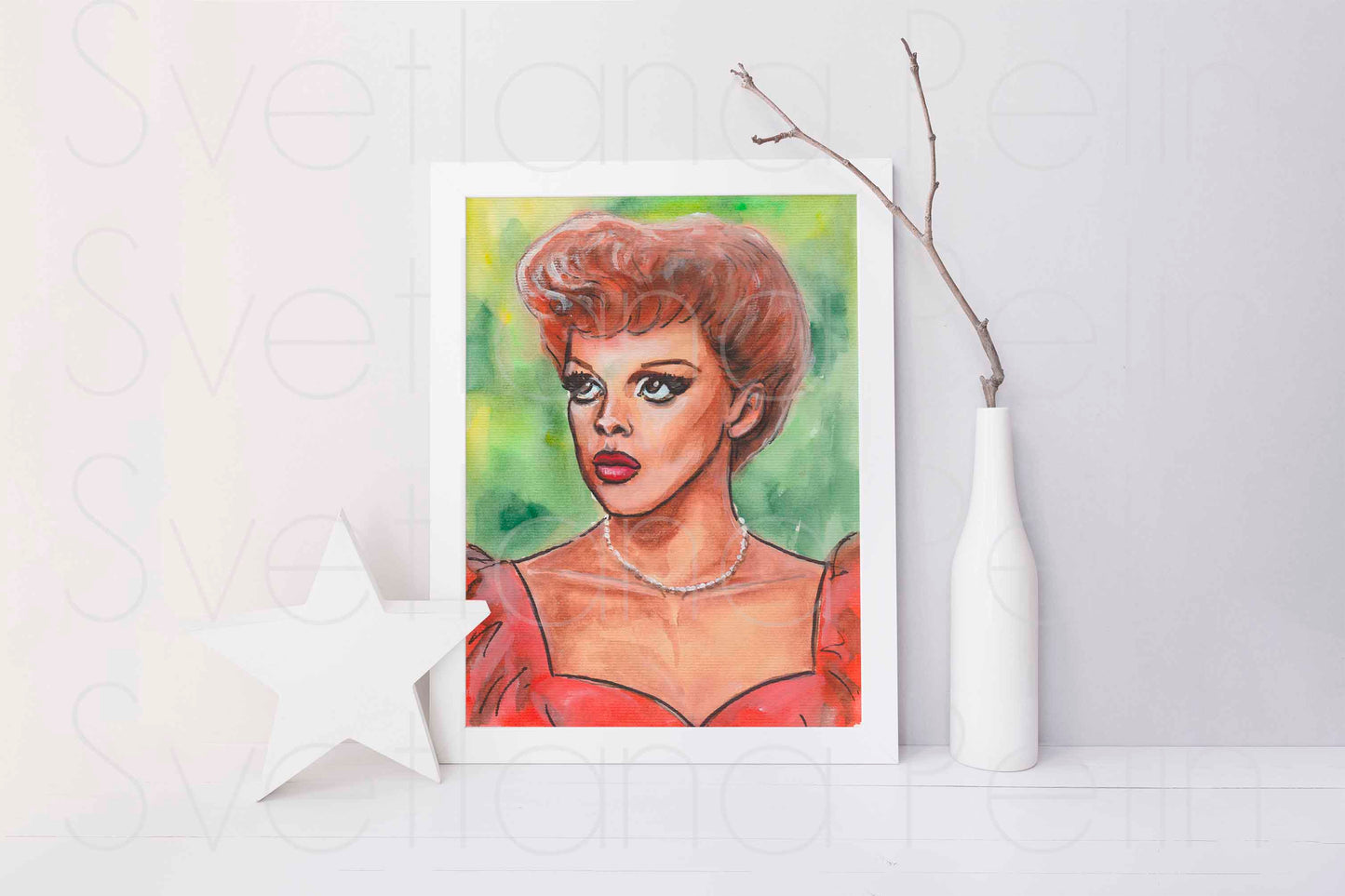 Judy Garland, Red velvet dress, Meet Me in St. Louis, ORIGINAL Watercolor Painting, Artwork by Svetlana Pelin