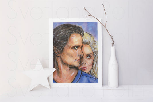 Sharon Stone, Michael Douglas, Basic Instinct, ORIGINAL Watercolor Painting, Artwork by Svetlana Pelin