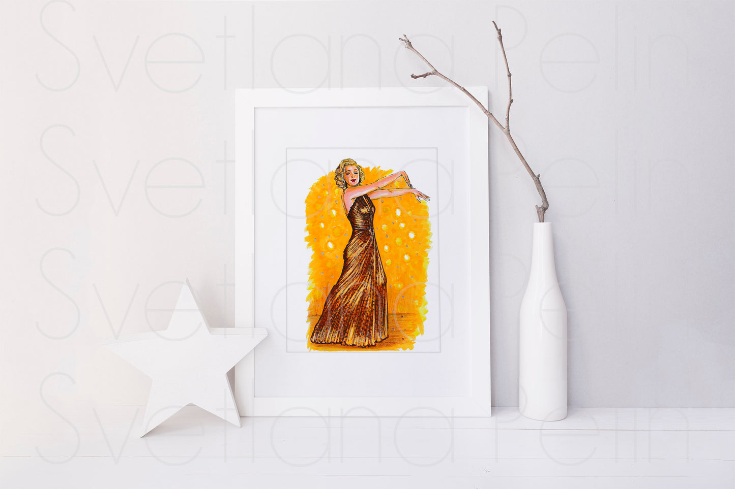 Marilyn Monroe, Gold gown, GPB, ORIGINAL Marker Drawing, Artwork by Svetlana Pelin