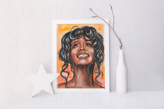 Whitney Houston, WH, ORIGINAL Watercolor Painting, Artwork by Svetlana Pelin