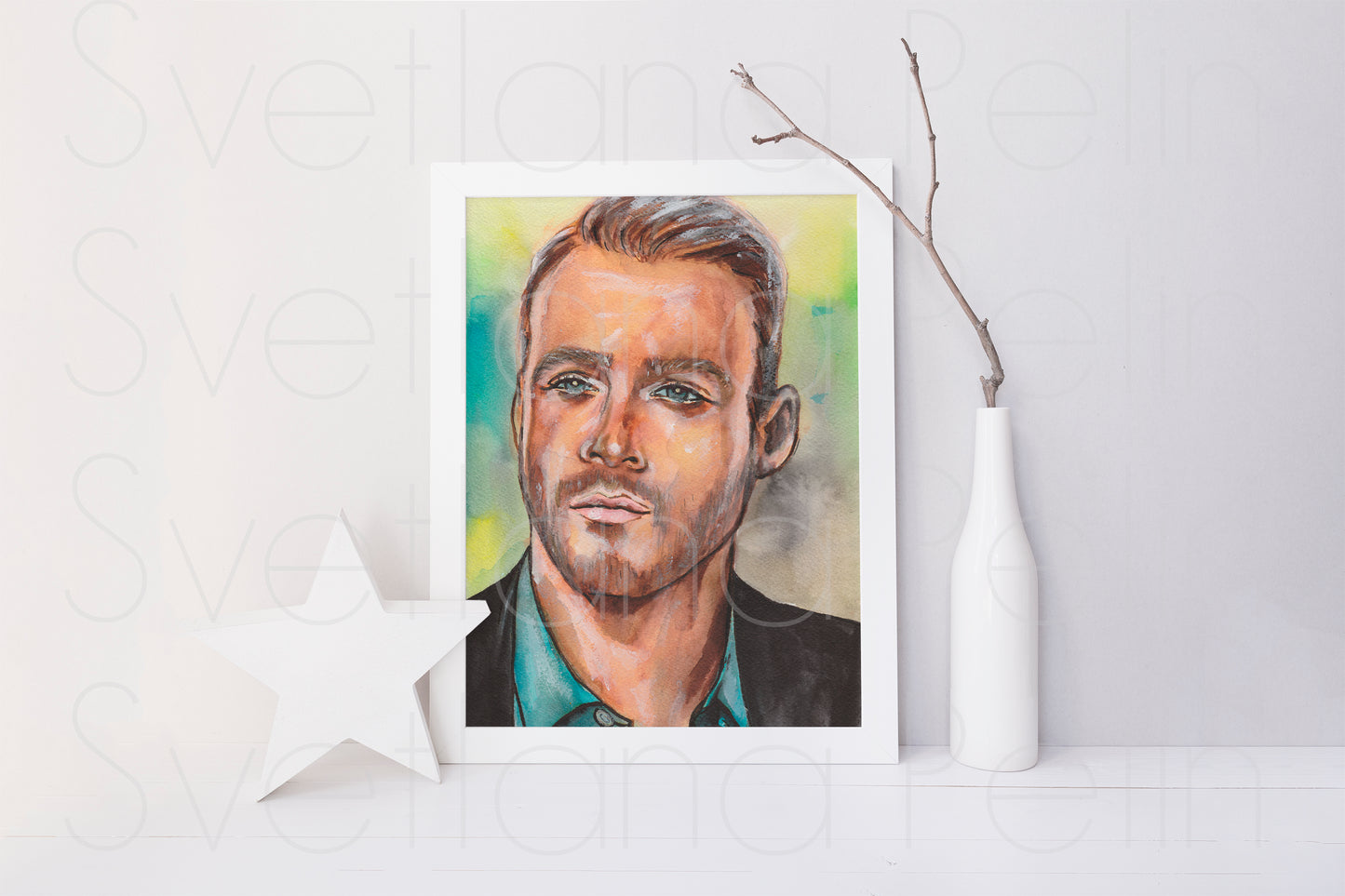 Kerem Bürsin, Serkan Bolat, Sen Çal Kapımı, ORIGINAL Watercolor Painting, Artwork by Svetlana Pelin