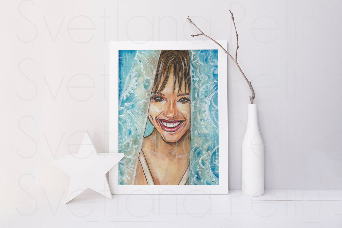 Jennifer Garner, Curtains, ORIGINAL Watercolor Painting, Artwork by Svetlana Pelin
