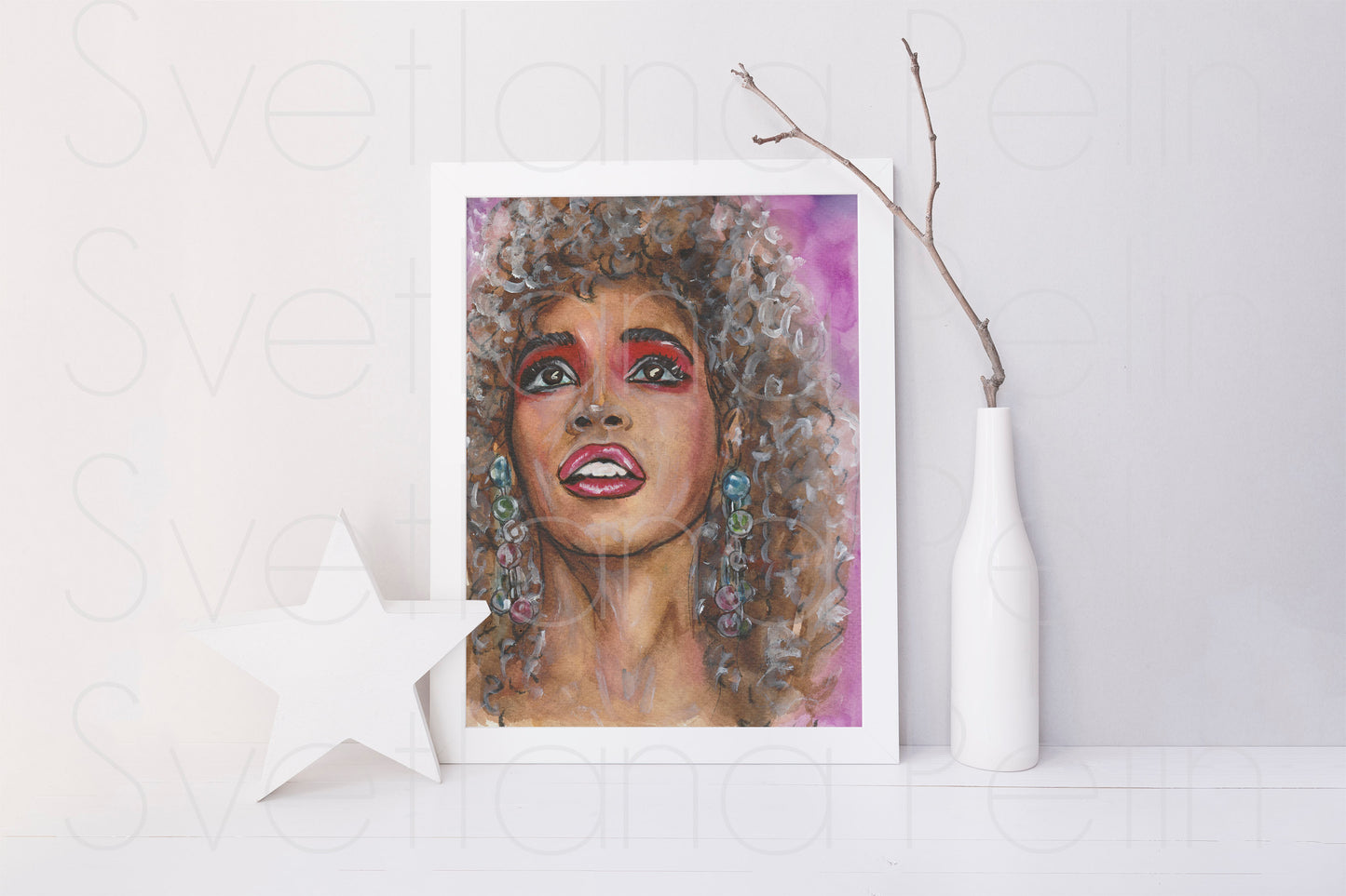 Whitney Houston, WH, ORIGINAL Watercolor Painting, Artwork by Svetlana Pelin