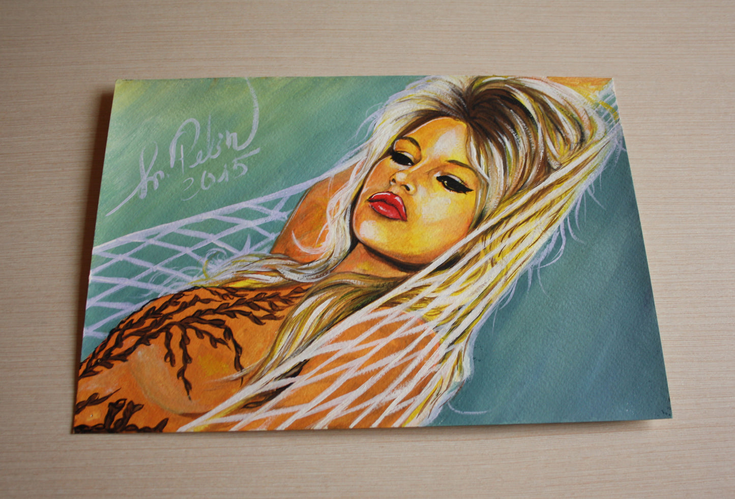 Brigitte Bardot, Hammock, ORIGINAL Gouache Painting, Artwork by Svetlana Pelin