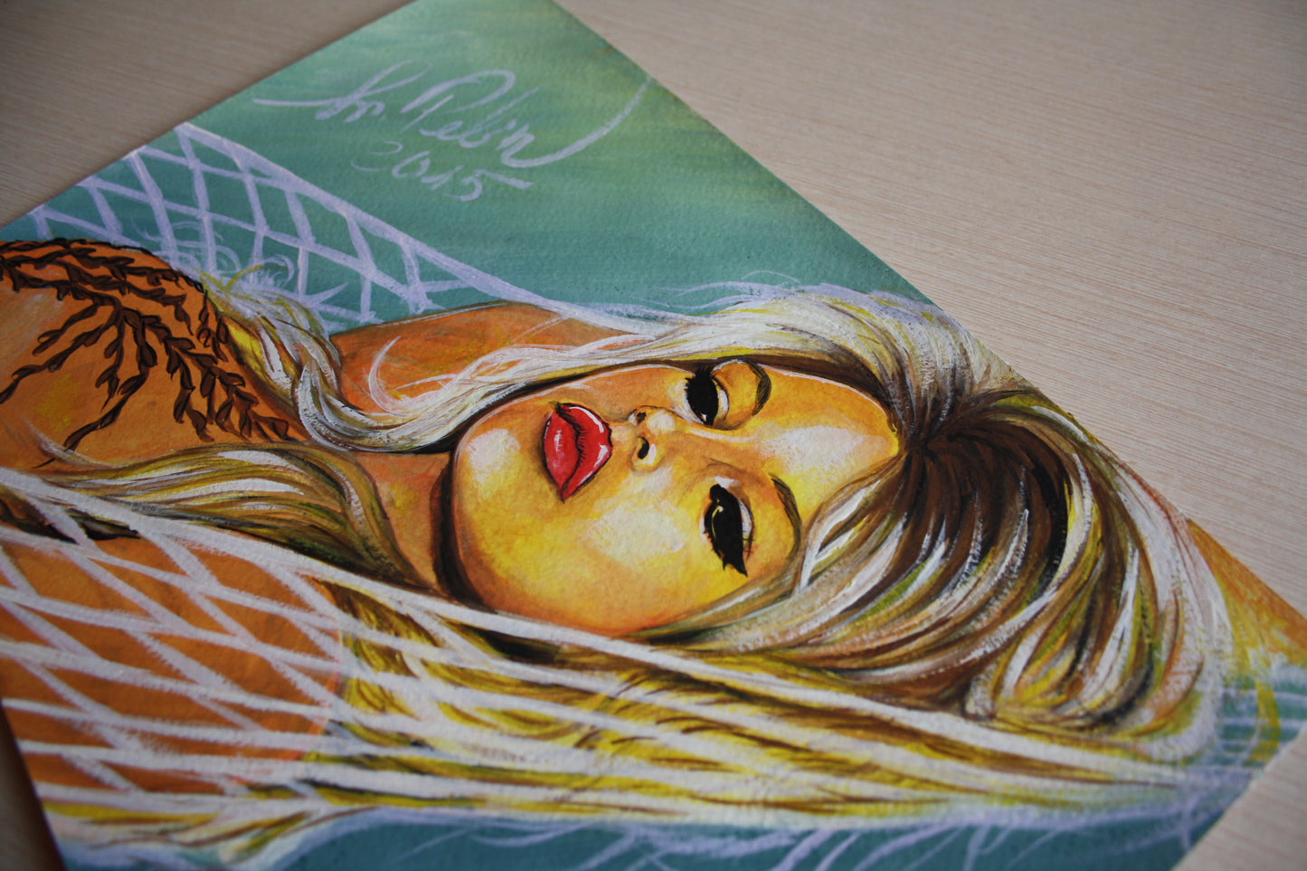 Brigitte Bardot, Hammock, ORIGINAL Gouache Painting, Artwork by Svetlana Pelin