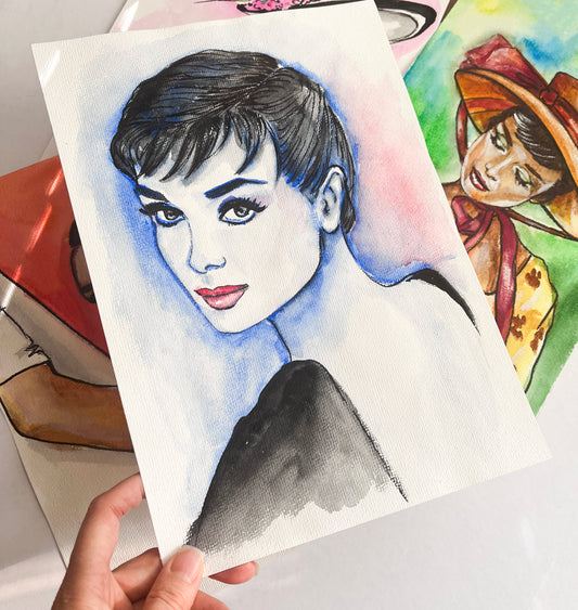 Audrey Hepburn, Sabrina, ORIGINAL Watercolor Painting, Artwork by Svetlana Pelin