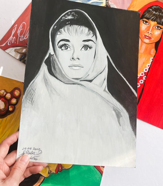 Audrey Hepburn, War and Peace, ORIGINAL Gouache Painting, Artwork by Svetlana Pelin