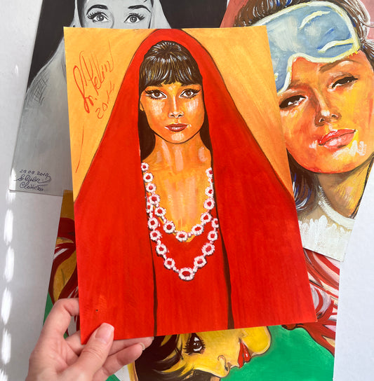 Audrey Hepburn, War and Peace, ORIGINAL Gouache Painting, Artwork by Svetlana Pelin